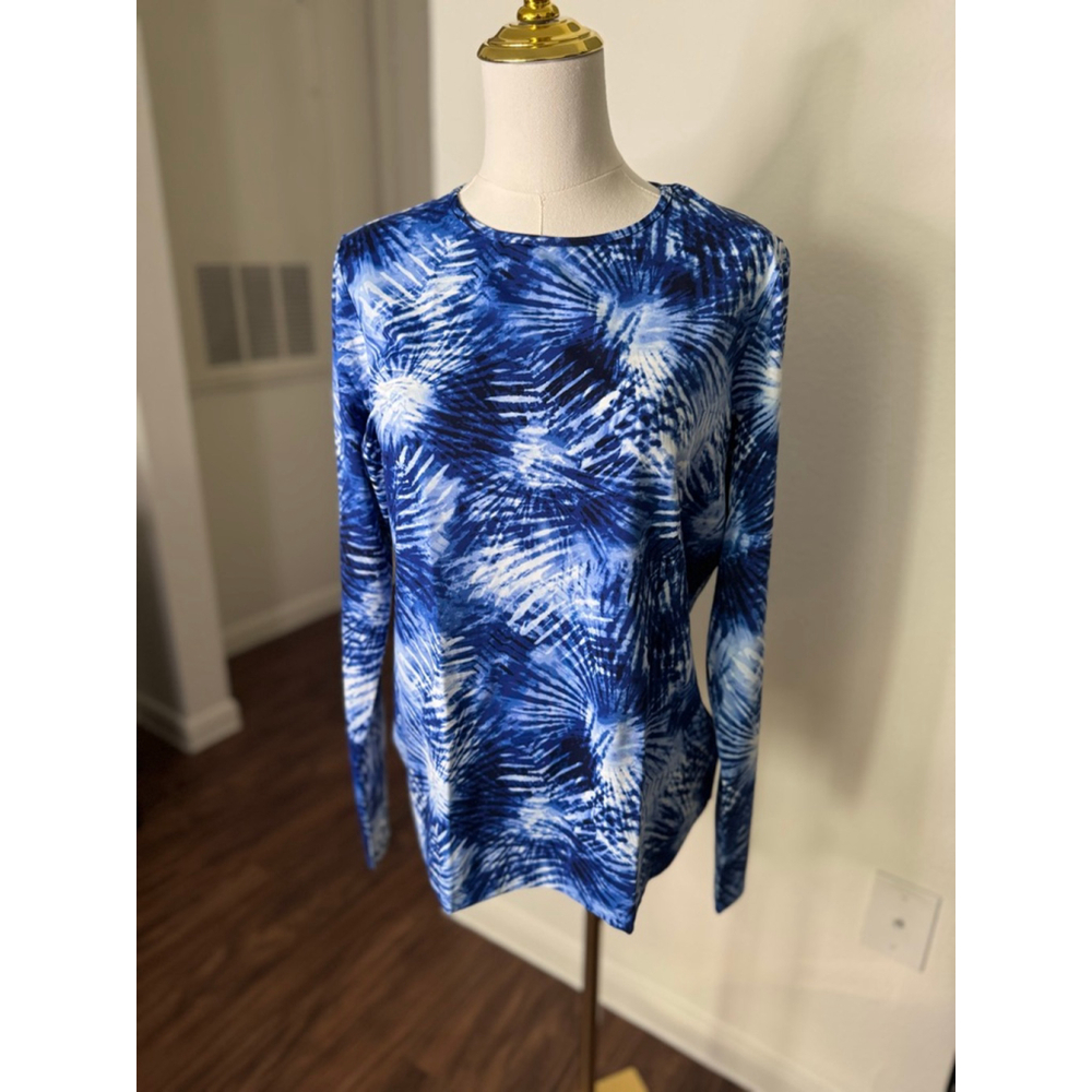 NWT Women’s Lands’ End Swim Tee Rash Guard – Blue & White Tie Dye – Size M